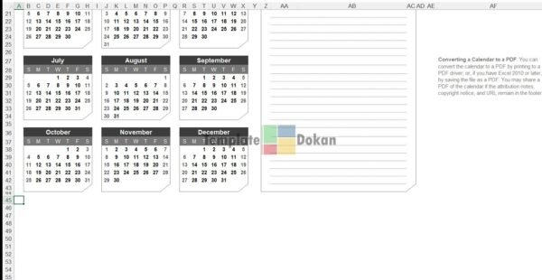 Yearly Calendar Landscape With Notes Chamfer Theme